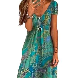 Mandala Beach Boardwalk Resort-wear Multicolor Cap-Sleeve Maxi Travel Dress NWT